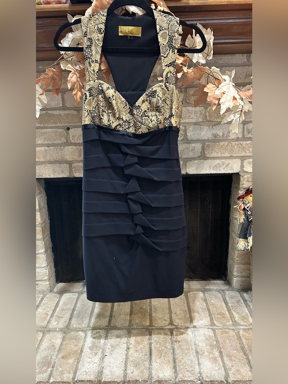 Nicole Miller Black Bodycon Dress with Gold Lace BodiceEUC
